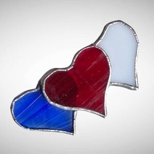🌼VTG Red, White & Blue Stained Glass Heart Brooch